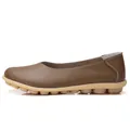 Classic brown genuine leather women's loafers with a comfortable soft nubby rubber sole - Khaki