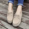 Comfortable women's beige suede platform loafers featuring fringe tassels and bow knot detail - 35 / Apricot