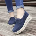 Elegant blue suede platform loafers with decorative tassels and a comfortable wedge sole - 35 / Dark Blue