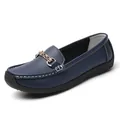 Bequeme marineblaue Damen Loafer flache Schuhe mit weicher Sohle und goldener Schnalle - 35 / Dunkelblau