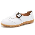 White retro flat Mary Jane shoes for women with buckle strap and soft rubber sole - 35 / White