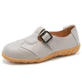 Retro grey faux leather flat shoes for women with buckle strap and tan rubber sole - 35 / Gray