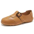 Braune Vintage-Slipper aus Kunstleder mit verstellbarem Schnallenriemen und weicher Sohle - Hellbraun