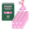 Close-up of 18 rolls of pink lavender scented dog poop bags and eco-friendly packaging - Boxed with Clip / 18 Rolls Set / Pink