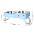 Foldable elevated pet feeder with double stainless steel bowls and dimension details - Foldable Elevated Stainless Steel Double Bowl / Blue