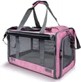 Detail view of a pink breathable pet carrier for small dogs and cats with mesh windows. - 46*30*30cm / Pink