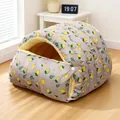 Cozy enclosed cat bed with lemon pattern and warm yellow fleece lining for winter use - L / Grey Lemon