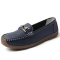 Modische marineblaue Damen-Loafer aus weichem strukturiertem Leder mit Ziernähten. - 35 / Dunkelblau
