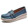Blaue Keil-Loafer für Damen aus Leder mit Metallschnallen und beiger Plateausohle - 35 / Blau