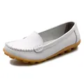 Women's white pebbled leather flat loafers with comfortable rubber nub sole - 35 / White