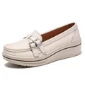 Casual wedge platform slip-on women shoes in cream white with metal buckle detail - Beige