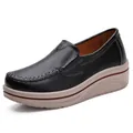Comfortable black leather women's platform wedge loafers with rocker sole design - 35 / Black