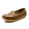 Women's casual brown cowhide leather loafers with comfortable flat rubber pebble sole - 35 / Khaki