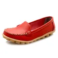 Casual red textured leather flat loafers for women with comfortable beige bean sole - 35 / Burgundy