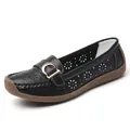 Bequeme schwarze Loafer für Damen mit Lochmuster, weicher Sohle und Gold-Schnalle - 35 / Schwarz