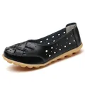 Breathable black hollow out leather loafers for women with comfortable tan gum rubber sole - 35 / Black