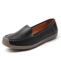 Mocasines clásicos de cuero granulado negro para mujer con suela de goma blanda - Negro