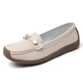 Casual beige women's soft-sole loafers with metal buckle and slip-on flat design - Off White