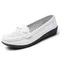 White breathable leather nurse loafers with comfortable flat soft sole and knot detail - 35 / Slip-on Moccasins / White