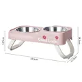 Foldable double stainless steel pet bowl with pink elevated stand and dimensions - Foldable Elevated Stainless Steel Double Bowl / Pink
