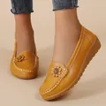 Comfortable yellow leather loafers with flower detail and white stitching for women - Yellow