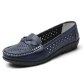 Navy blue perforated flat nurse loafer with woven strap and white stitching detail - Dark Blue