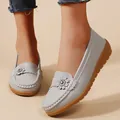 Elegant light grey women's leather loafers with decorative flower and soft sole - Gray