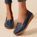 Comfortable dark blue women's loafers featuring flower decoration and white stitching detail - Dark Blue
