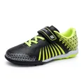 Professional youth turf soccer shoes with neon green accents and secure Velcro strap - 30 / Black-Green