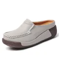 Light grey leather platform mule sandals for women featuring wedge heel and stitching details - 35 / Gray