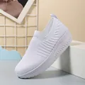 Comfortable white women's breathable knit slip-on walking shoes with rocker sole design - 35 / White