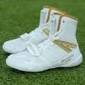 Professional white and gold high-top breathable boxing shoes for indoor wrestling training - 35 / Platinum