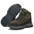 Men's brown waterproof fur-lined winter hiking boots with high-top non-slip rubber soles - Army Green (Fleece Lined)
