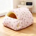 Cozy pink semi-enclosed cat bed with cute peach pattern for winter warmth and small pets - L / Pink Peach