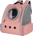 Side detail view of a breathable pink pet carrier backpack featuring a clear bubble window - 34*25*41cm / Pink