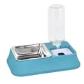 Blue Roman column textured pet double bowl with automatic waterer and stainless steel dish - Roman Column Automatic Water Bowl / Navy Blue