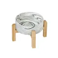 Marble patterned ceramic pet bowl with elevated natural bamboo wooden stand for dogs. - Gray Bowl with Stand / Gray (11cm/260ml)