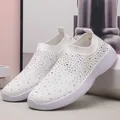 Comfortable white rhinestone embellished stretch knit sock sneakers for women's casual wear - 35 / White