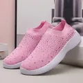 Breathable pink rhinestone slip-on sock sneakers with lightweight MD cushioning sole - 35 / Pink