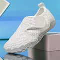 Breathable white mesh toddler sneakers with Velcro strap and grey non-slip rubber sole - 20 / White