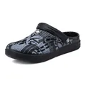 Men's lightweight black clogs with newspaper print for beach and indoor wear - 38 / Black