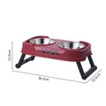 Red foldable elevated pet feeder with double stainless steel bowls showing dimensions - 3-Tier Adjustable Folding Stainless Steel Double Bowl / Red