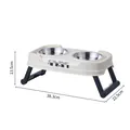 Elevated foldable stainless steel double pet bowl with dimension markings in cream color - 3-Tier Adjustable Folding Stainless Steel Double Bowl / White