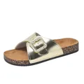 Women's gold metallic slide sandal with crystal-encrusted buckle and cork sole - 36 / Gold