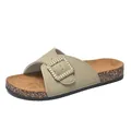Elegant khaki cork slide sandal for women featuring a sparkling rhinestone square buckle - 36 / Khaki