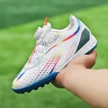 White kids soccer shoes with rotary buckle and colorful gradient patterns for turf - 29 / White