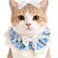 Collar para gatos con estampado de margaritas azules y lazo de encaje blanco - Talla única / Margarita Azul Blanco