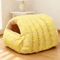 Warm and cozy yellow snail-shaped indoor cat bed featuring a cute ice cream pattern print. - Yellow Ice Cream