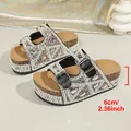 Luxury white pearl and iridescent rhinestone platform sandals with cork sole and dual buckle straps - 36 / Black