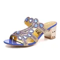 Elegante sandalen met blokhak met blauwe strass en gouden glitterfinish voor de zomer - 35 / Saffierblauw